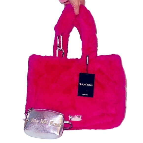 Juicy Couture Berry Fuchsia Faux Fur Tote Shopping Bag & Metallic Mini Pouch - Picture 2 of 15